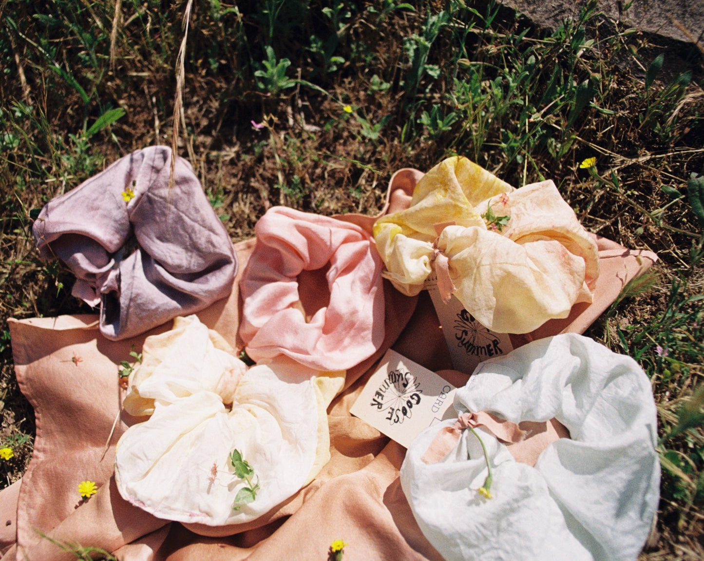 Five silk scrunchies plant dyed by Goose Summer