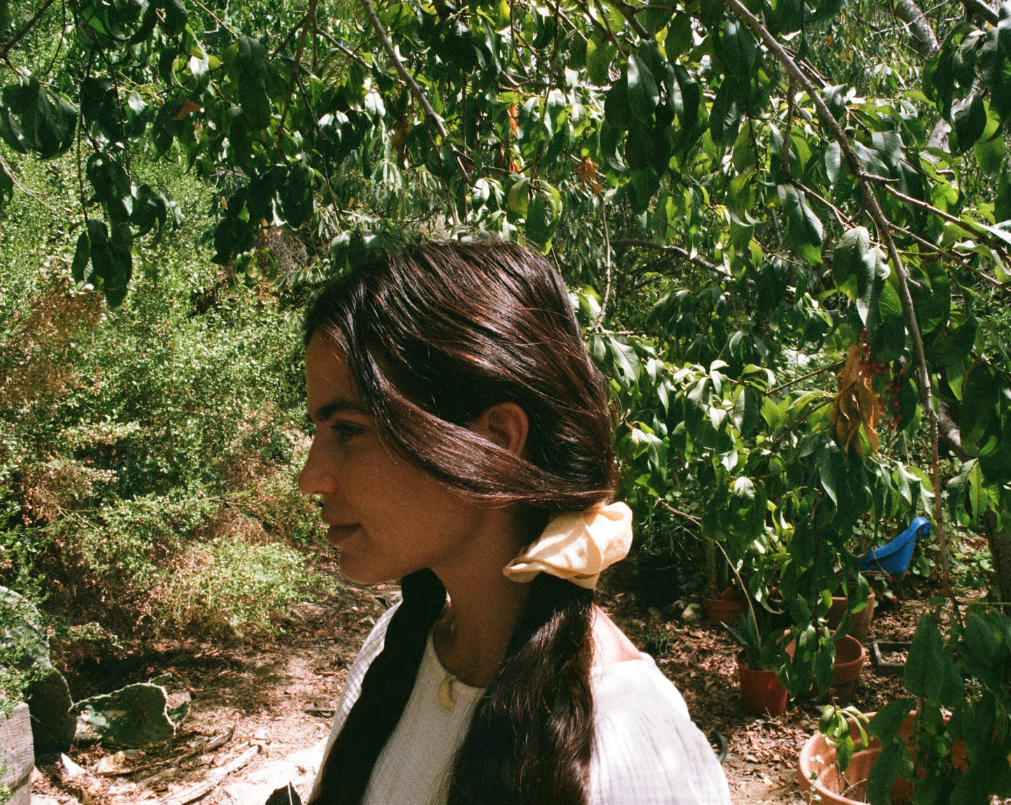 Woman wearing her hair in pigtails. She is wearing Goose Summer's honey silk scrunchies which are plant dyed with eucalyptus leaves. Goose Summer is a small, sustainable plant dyeing business making naturally dyed silk scrunchies and other accessories in Los Angeles.