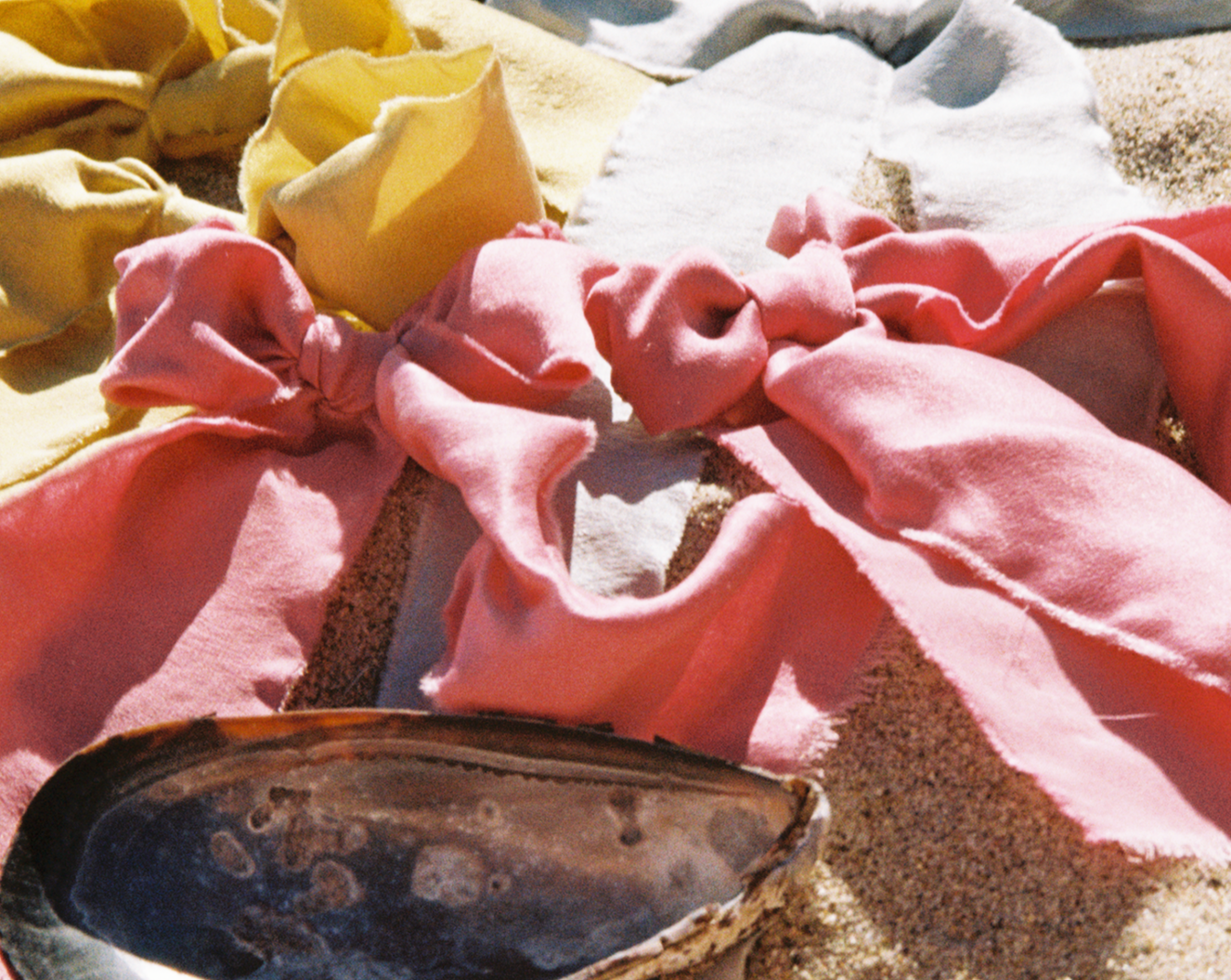 A pair of pink silk scrunchies on the beach next to a mussel shell