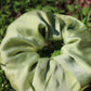 Mint green silk plant dyed scrunchie laying in the grass 